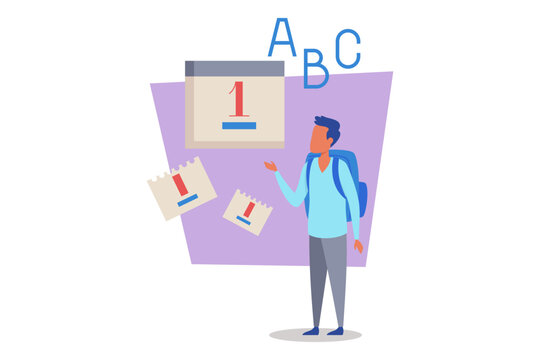 Student with backpack standing in front of calendar marked with first day of school, surrounded by notes and reminders, reflecting excitement for learning - Powered by Adobe