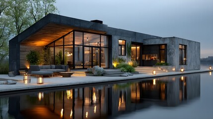 Obraz premium 3D Modern Riverside House Rendering | Contemporary Architecture by Water at Sunset | Exterior Visualization Design