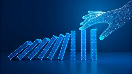 Digital glowing polygon hand stopping domino effect