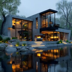 3D Modern Riverside House Rendering | Contemporary Architecture by Water at Sunset | Exterior Visualization Design