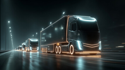 A convoy of futuristic autonomous electric trucks with glowing wireframes, a concept of AI-controlled logistics.