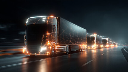 A fleet of sleek, futuristic, autonomous electric trucks driving in a tight convoy on a highway at night.