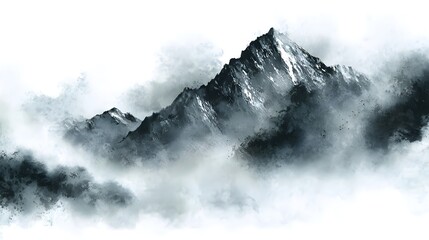 Obraz premium A majestic mountain range, shrouded in misty clouds, showcasing a tranquil and serene landscape.