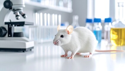 White lab rat sits on a table in a bright lab setting, near a microscope and various lab equipment