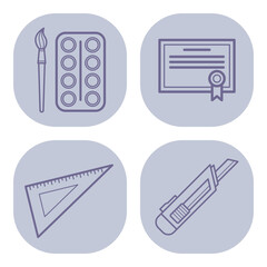 Fototapeta premium Collection of line icons representing essential art supplies and tools. Paint palette, certificate, ruler, and craft knife, all in minimalist design