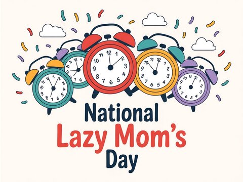 Celebrate national lazy mom s day with a collection of colorful alarm clocks symbolizing a break from routine