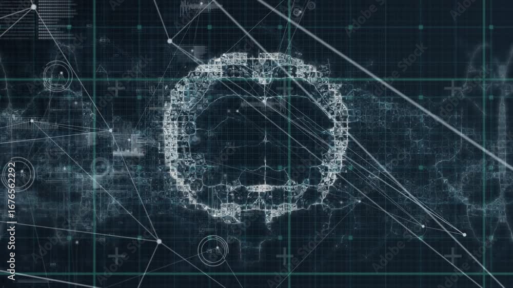 Poster animation of graph icons, soundwaves and dots interconnecting with lines over digital brain