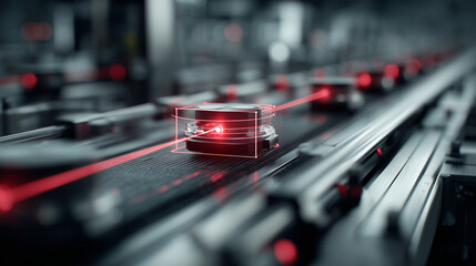 An AI-powered camera scanning a product on a production line for microscopic defects with a red laser.