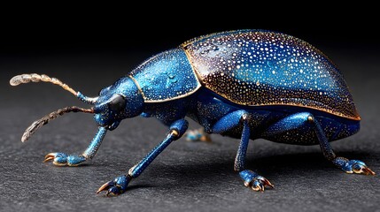 Fototapeta premium A stunningly detailed close-up of a vibrant blue beetle, showcasing its intricate texture and captivating iridescence against a dark backdrop.