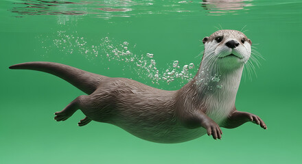 A sleek brown otter gracefully swims underwater, leaving a trail of bubbles in the clear green water.