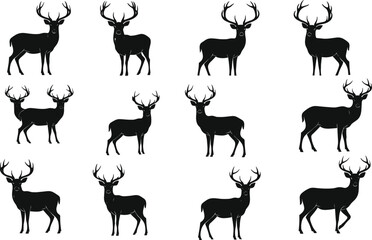 Deer silhouette illustration, wild animal vector, stag with antlers, hunting design, reindeer artwork, wildlife graphic, nature icon, forest animal