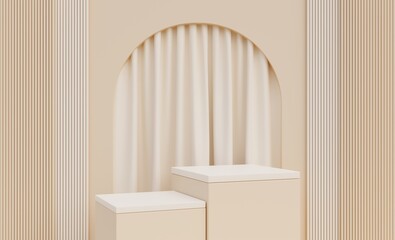 Beige square podium with curtain for advertising various popular empty products. 3d illustration.