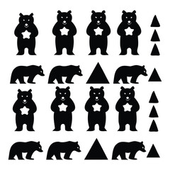 Silhouette Set of Bears and Triangles