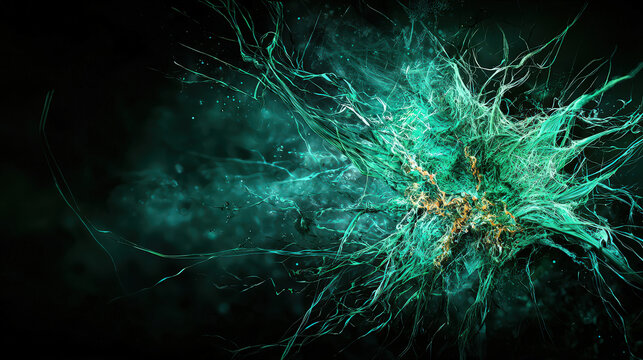 Dynamic emerald threads tear boldly through dark abstract background, creating sense of energy and movement