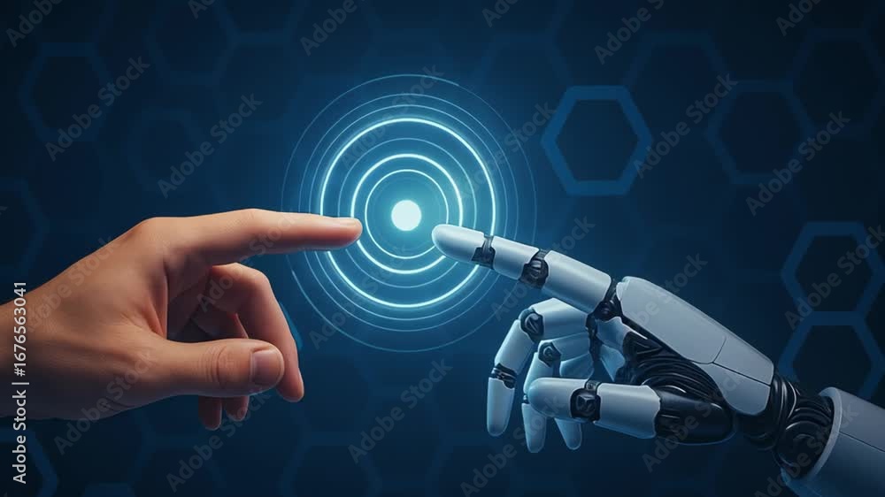 Aufkleber llm, ai large language model. futuristic robot hand human finger touch connection technology glowing