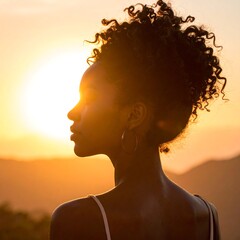 Woman Silhouetted at Sunset, Peaceful Gaze