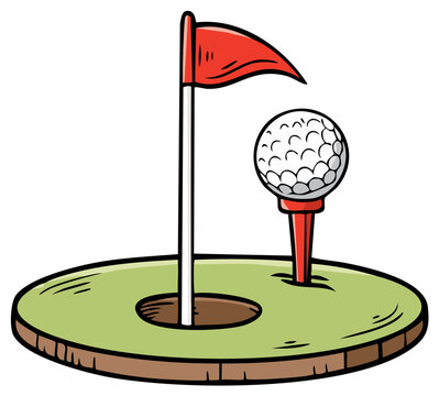 Golf hole and ball on tee with red flag on green grass closeup