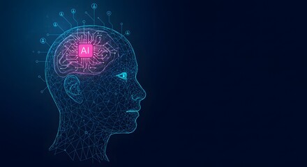 Artificial intelligence technology concept with illustration of a human face made by tiny glowing connections