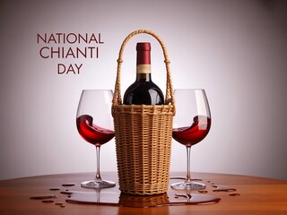 Celebrate national chianti day with a bottle of red wine and two glasses on a wooden table