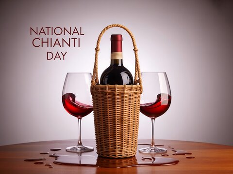 Celebrate national chianti day with a bottle of red wine and two glasses on a wooden table