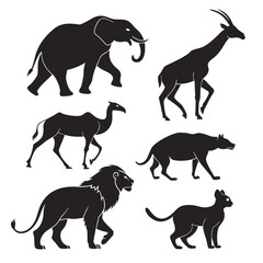 A vector illustration of a black collection of wild and farm animal silhouettes including a horse, elephant, and tiger