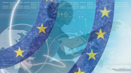 Animation of flag of eu and globe over volunteer cleaning beach - Powered by Adobe