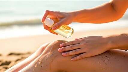 A woman sprays oil on her leg at the beach