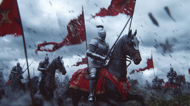 Group of armored knights on horseback charge into battle under stormy sky, with red flags waving dramatically