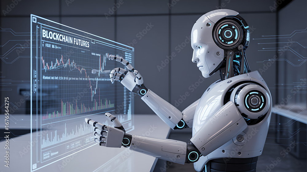 Poster robotic intelligence analyzing financial market data on a futuristic holographic display showcasing 