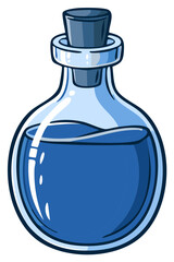 Cartoon Flask with Dark Blue Liquid Potion or Elixir in Transparent Glass Bottle