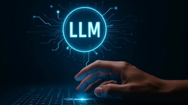 LLM, AI large language model. Close up hand typing keyboard with keycap detail, finger human adult night neon, LLM text glow cyber theme, artificial intelligence machine learning neural network