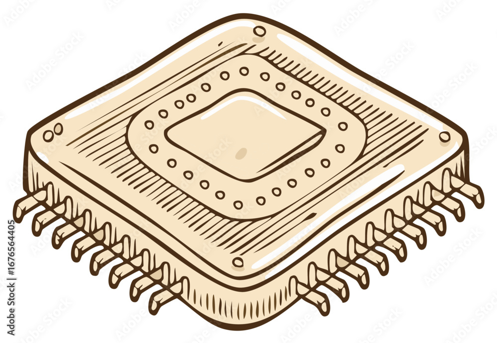 Poster hand drawn computer chip illustration with pins representing retro technology and digital processing