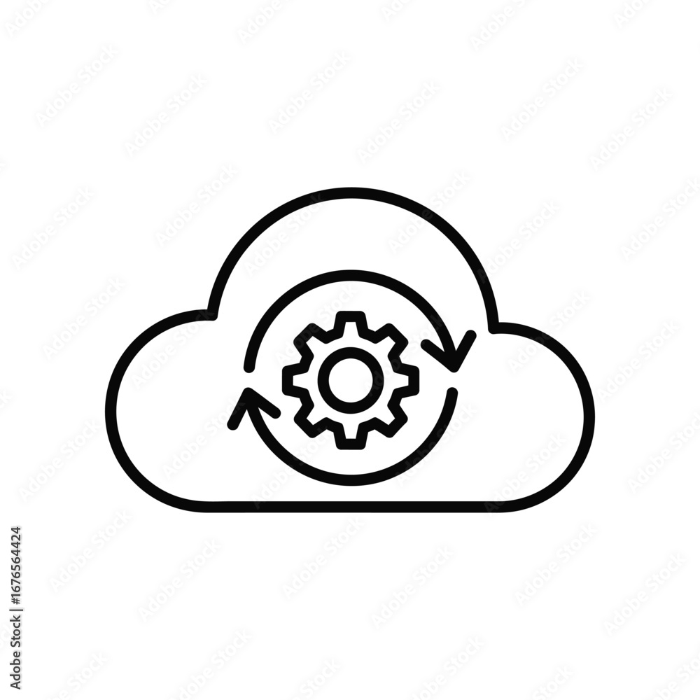 Poster cloud synchronization icon: a sleek black and white line art depiction of cloud synchronization, whe