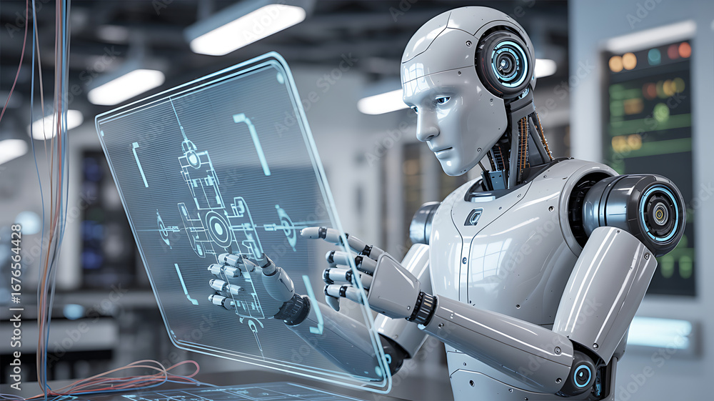 Fototapete advanced robot with humanoid features interacting with a transparent digital interface, showcasing f