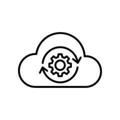 Cloud Synchronization Icon: A sleek black and white line art depiction of cloud synchronization, where a gear rotates, with an arrow symbol, embodying seamless data synchronization.