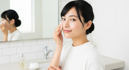 Fototapeta premium スキンケア 化粧水を塗る・メイクを落とす女性