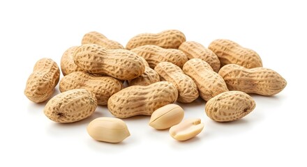 A pile of peanuts in their shells and two shelled peanuts are arranged on a white background.