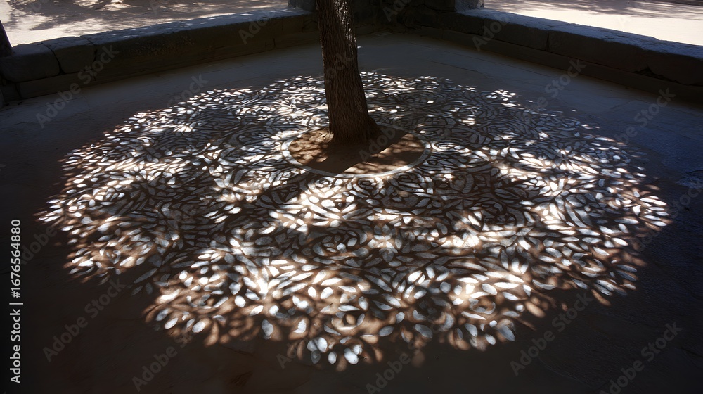 Poster intricate patterns are cast on a light brown surface by the shadow of a tree, creating a beautiful d