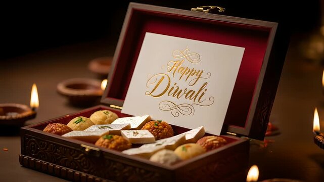 Diwali sweets in box. Deepavali celebrations, Indian festival of lights with oil lamps, traditional desserts. Perfect for cultural events, holiday greetings, and festive promotions.