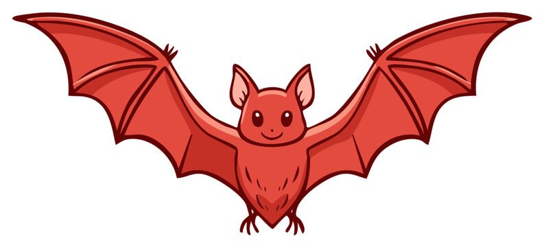 Cartoon illustration of a cute red bat with big wings, a friendly smile, and small ears.