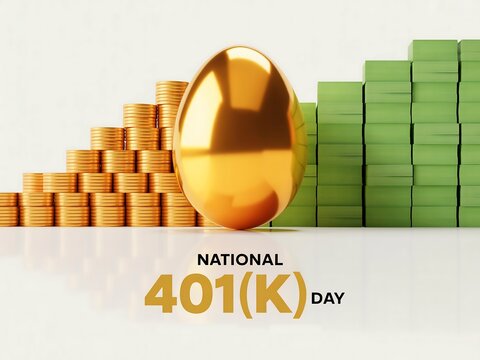Golden egg represents financial growth and savings on national 401k day with stacks of coins and bills - Powered by Adobe