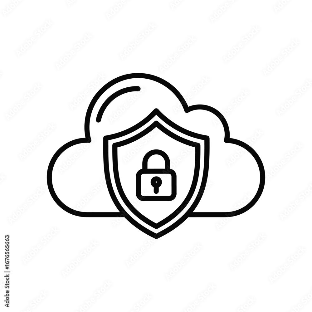 Aufkleber cloud data security: digital shield protects information with a cloud in a secure digital landscape,