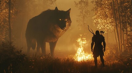 A colossal wolf confronts a lone archer amidst a fiery forest clearing at twilight hour scene