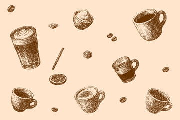 Seamless Stipple Dotwork Coffee Pattern (Brown on Beige)