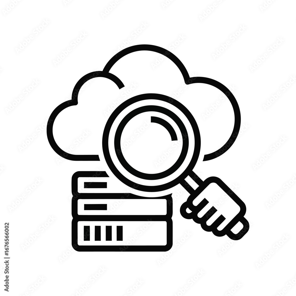Poster cloud data analysis: an eye-level illustration of cloud computing, server and magnifying glass, conc