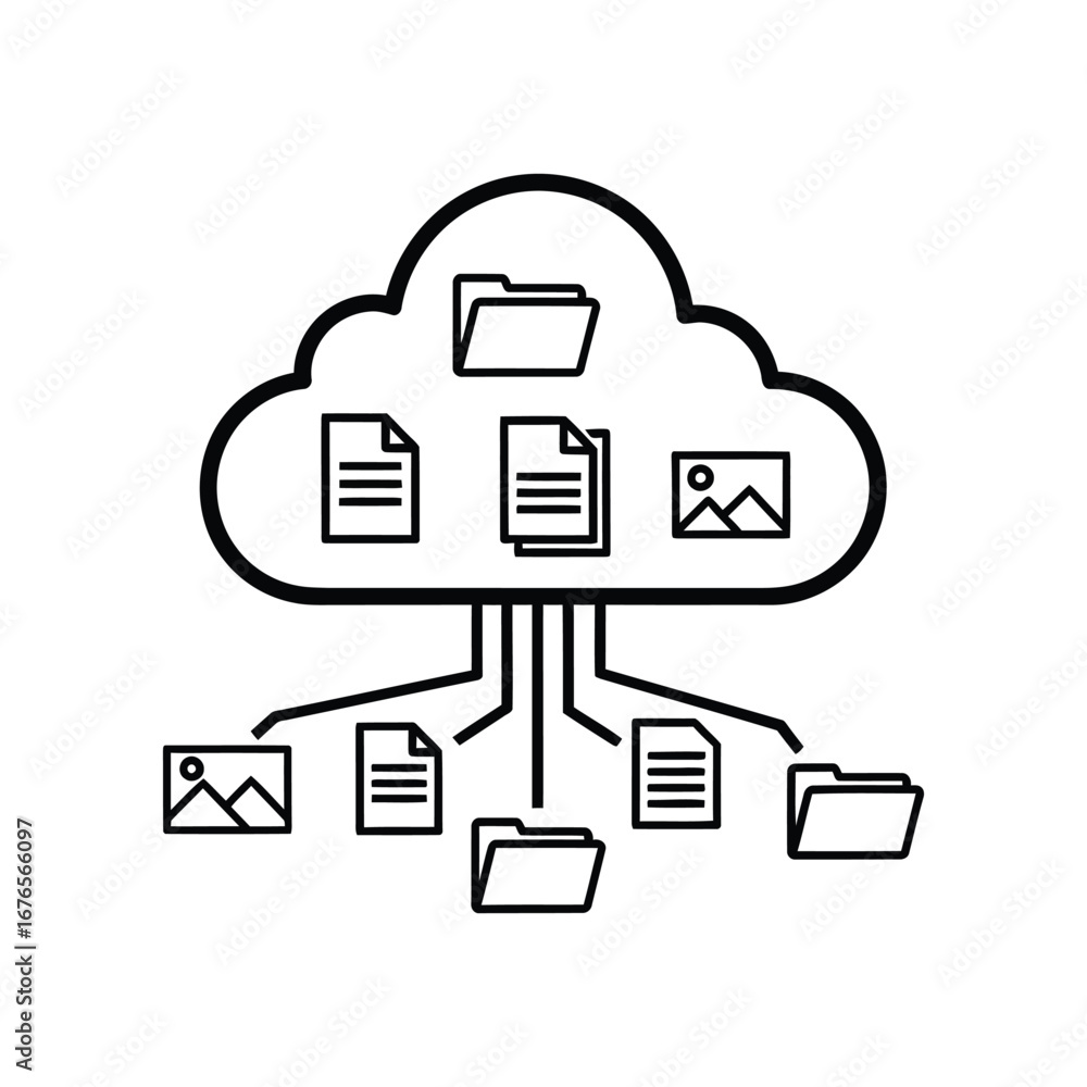 Poster cloud data: a minimalist and clean vector illustration depicts a cloud, the central hub, connected t