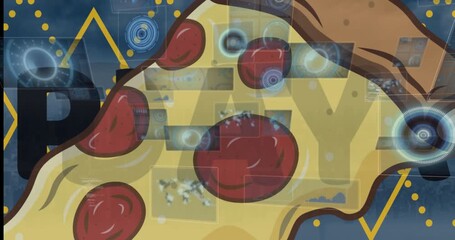 Animation of pizza day text with pizza icon over data processing and cityscape - Powered by Adobe