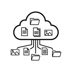 Cloud data: A minimalist and clean vector illustration depicts a cloud, the central hub, connected to multiple files and folders.