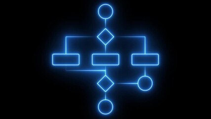 Glowing neon Block diagram concept, analysis scheme, logical, algorithm, flow chart drawing animation.neon line networking topology animation in black background. - Powered by Adobe