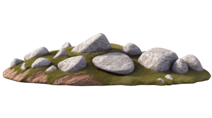 Realistic Stone Formation on Grassy Knoll, Isolated on Transparent Background